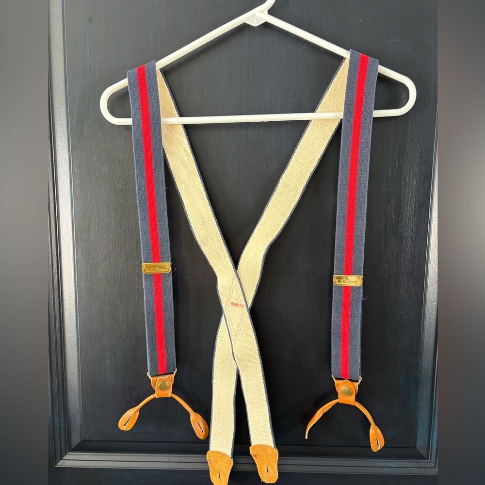 Vintage L.L. Bean Red Navy Blue Stripe Fabric Tan Leather Men Suspenders Stretch
